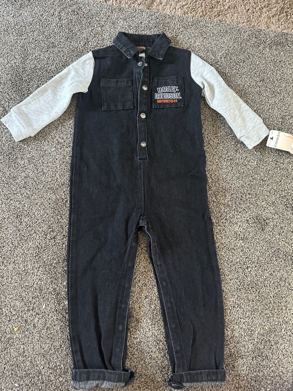 Harley-Davidson Black Denim Workshop Coverall & Light Gray Sleeves. 100% Cotton